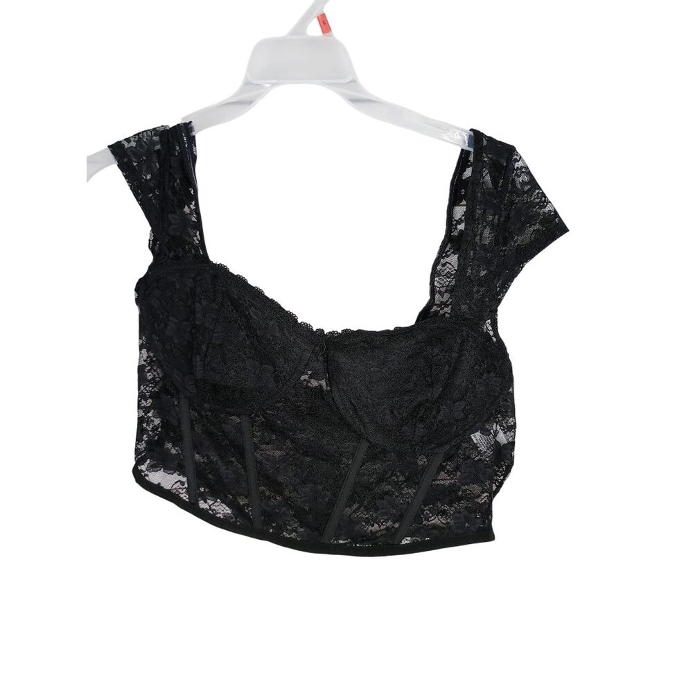 Faded Rose Black Sheer Lace Bustier Crop Top With Cap Sleeves & Back Zipper Clos